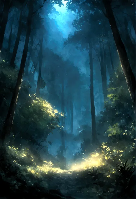 Closed forest environment background at night. Glibli studio style and MIR studio, dark scene