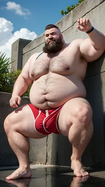 ((((a fat bearded man zangief personagem do jogo Street fight 6))),walking barefoot on the beach ((wearing only red swim speedo)),(he doesnt wear a t-shirt),(he doesnt wear shorts), sunglasses, smiling, holding a glass of wine, short white hair, watch on t...