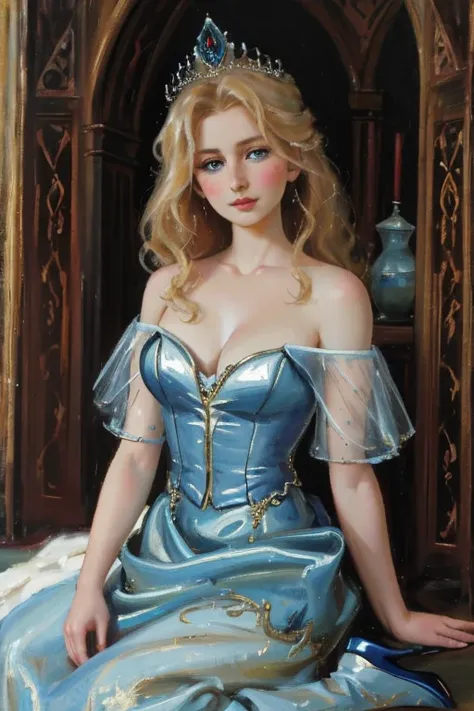 ((Best quality)), ((Masterpiece)), (detailed), 1 girl in, 26 years old, Alone, Oil Painting, Middle Ages, Aesthetic art, Sweedish, golden blonde wavy hair, Shoulder length hair, bright blue eyes, some small freckles, pale skin, (Textured skin, skin pores: ...