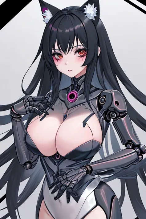 Una imagen de dibujos animados de una mujer con un traje en blanco y negro, oppai ciberpunk, chica anime seductora, oppai, biomechanical oppai, grueso, completely robotic!! cat girl, anya from the spy family x, SFW version, breasts covered and SFW, hermosa...