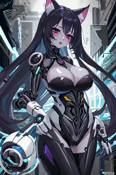 Una imagen de dibujos animados de una mujer con un traje en blanco y negro, oppai ciberpunk, chica anime seductora, oppai, biomechanical oppai, grueso, completely robotic!! cat girl, anya from the spy family x, SFW version, breasts covered and SFW, hermosa...