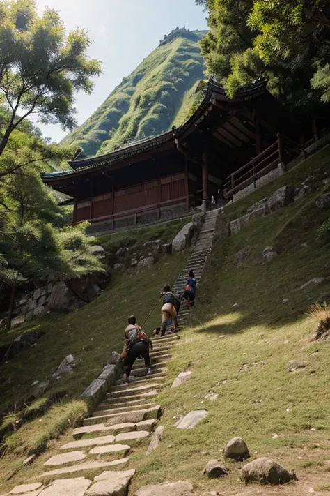 five samurai climbing mountain