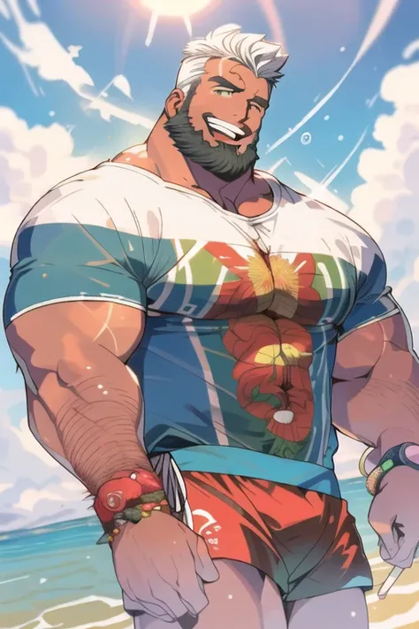 (((((((a fat bearded man zangief personagem do jogo Street fight 6))),walking barefoot on the beach ((wearing only red swim speedo)),(he doesnt wear a t-shirt),(he doesnt wear shorts), sunglasses, smiling, holding a glass of wine, short white hair, watch o...