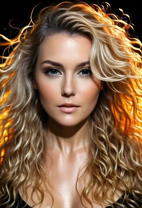 Beautiful woman with long hair, long exposure, dark background, light painting in amber, close-up, light orange hues, blurred brushstrokes, blurriness, wind, and blonde curls. --ar 3:4 --style raw