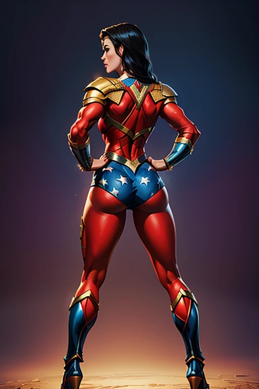 (Gina Carano),(Accurate Face Proportion), Classic Wonder Woman(justice league), Vibrant colour tone, Realistic Art Style,(Full Body View Visible), Heroic Stance with Emphasis on Buttocks: From behind, Wonder Woman stands tall with her feet shoulder-width a...