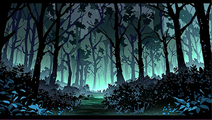 a detailed forest at night, glowing fireflies, moonlight, mist, ancient trees, gnarled roots, dense foliage, mystical atmosphere...