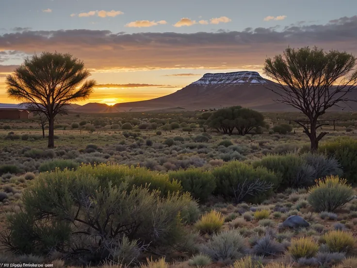 Sunrise on the Karoo, Late autumn landscape on the Karoo, home surrounded by small trees and bushes, sunrise, no snow, sheep in field, 