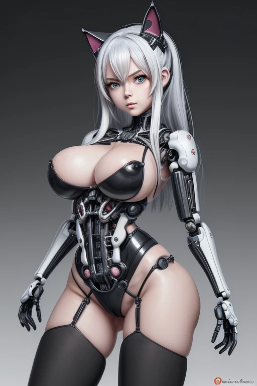 Una imagen de dibujos animados de una mujer con un traje en blanco y negro, oppai ciberpunk, chica anime seductora, oppai, biomechanical oppai, grueso, completely robotic!! cat girl, anya from the spy family x, SFW version, breasts covered and SFW, hermosa...