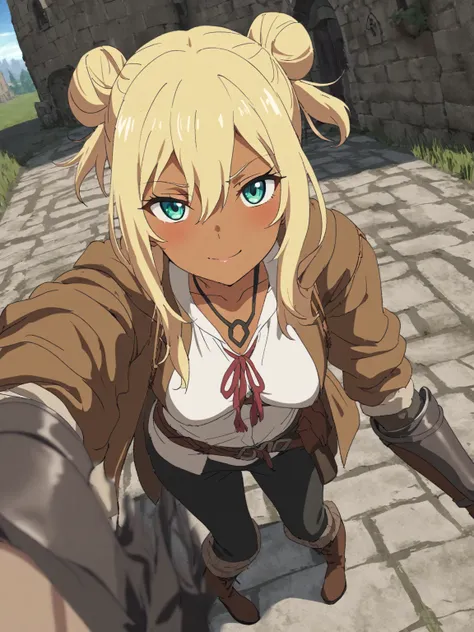 {{upper body, dutch angle}} {{Artist: sincos}} 1girl, medium hair, blond hair, dark skin, hair between eyes, two hair buns, sidelocks, aqua eyes, seductive smile, white tunic, gauntlets, brown jacket, black pants, leather boots, adventurer, medium breasts,...