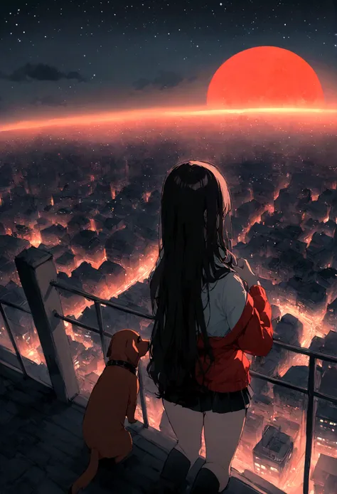 Dog 1、Woman 1、Red miniature dachshund、Red miniature dachshund long hair、dog&#39;color is red、woman with very long black hair、Spectacular views、Night Scene、The view from the top of the hill、Full moon night sky、swirling starry sky、８K、Best Quality、詳しいdogの顔、Th...