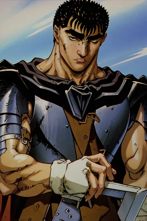 guts (berserk), 1boy, black hair, ((depressed)), sad,  expressionless face, lifeless,  looking away, male focus, one eye closed, sunny background, scar, scar on face, scar on nose, cape, full armor, short hair, solo, black armor, black cape, throwing knife...