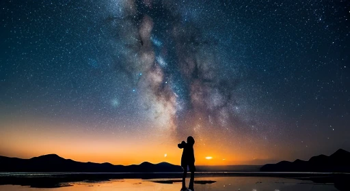 （（highest quality））， （（masterpiece））， （（long range shooting）），evening， women are，Standing on a salt lake，The water surface is like a mirror，Reflecting the sky。Look at the sky，The Milky Way is in the sky。