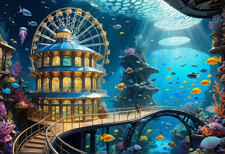 ((32k UHD, high detail, 16k HDR cinematic art)) very detailed gouache painting, (((deep sea futuristic_theme_A park integrated with an aquarium with extremely detailed gouache illustrations:1.4))), (((futuristic intricate details_underwater futuristic_SF_r...