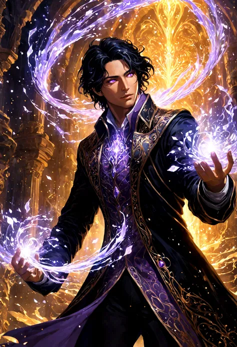 Painting representing the essence of magic, depicting a black-haired guy with violet eyes immersed in a cascade of magical energy, with glowing particles dancing around him, hair short, masterpiece, best quality, ultra detailed, illustration, concept art r...