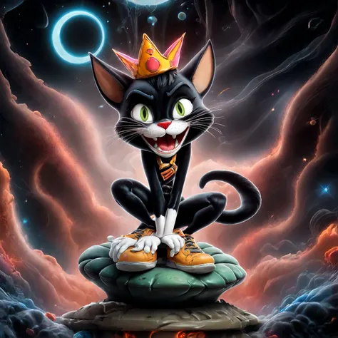 a striking, vibrant 3d rendering of an urban,  looney tunes feline queen. the cat, adorned with a futuristic crown as the queen ...