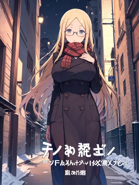 anime,anime style,Winter Scenery、Outdoor,Long coat,scarf,snow,city,Winter clothes,Glasses,Huge breasts,Long Hair,Blonde Hair