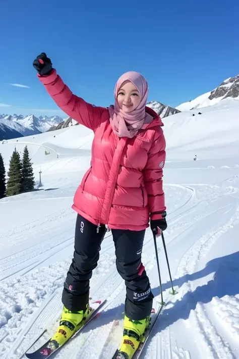 japanese muslim girl, pasmina hijab, perfect body figure, down jacket, pink jacket, ski gear, ski resort