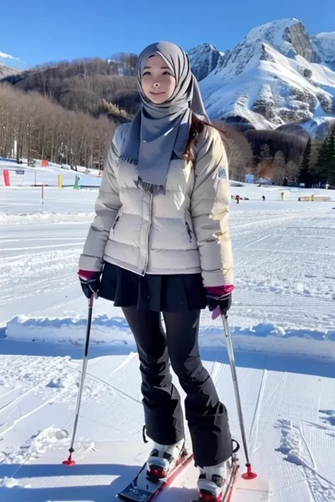 japanese muslim girl, pasmina hijab, perfect body figure, down jacket, ski gear, white jacket, ski resort