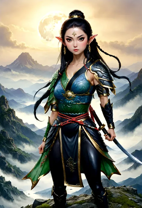 ((water color art: 1.5)), fantasy art, RPG art, dark fantasy art, a female elf samurai, ready to battle, she wears traditional samurai armor, armed with a katana, she stands on top of the mountain at dawn, exquisite beautiful female elf, long hair, black h...