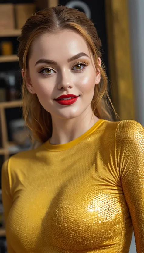 hyperrealistic beautiful busty 19-year-old woman with long legs wearing shiny golden yellow bodycon longsleeve and leggins with honeycomb pattern, model shooting full body photography, ginger very long straight updo hair, soaky wet skin, dark eye makeup wi...