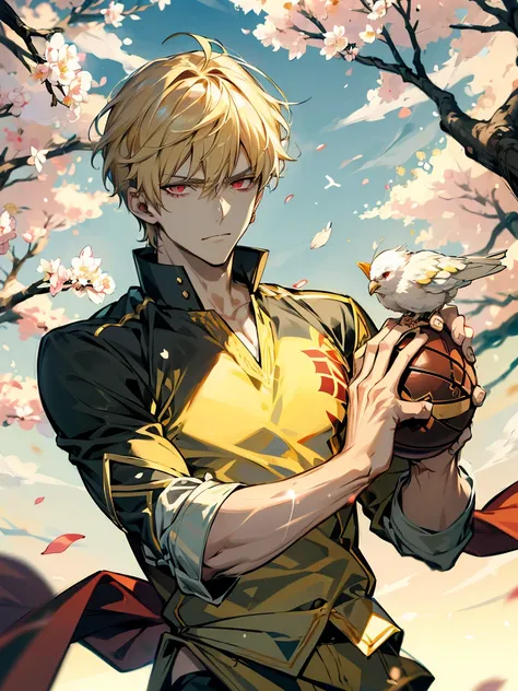 absurdres, highres, ultra detailed, HDR, masterpiece, extremely detailed face and eyes, Gilgamesh, blond hair, short hair, expressive red eyes, Fate Stay Night, solo, sexy man, handsome, basketball uniform, spring, blossoms, petals, birds