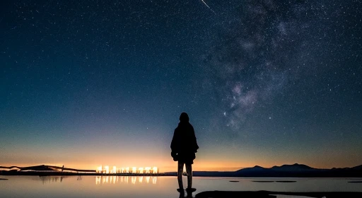 （（highest quality））， （（masterpiece））， （（long range shooting）），evening， women are，Standing on a salt lake，The water surface is like a mirror，Reflecting the sky。Look at the sky，The Milky Way is in the sky。