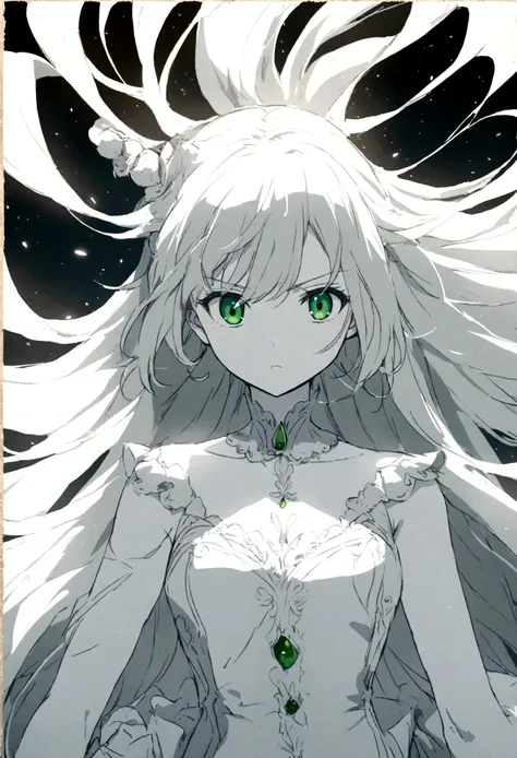 A girl with white hair, green eyes, and white skin ANIME