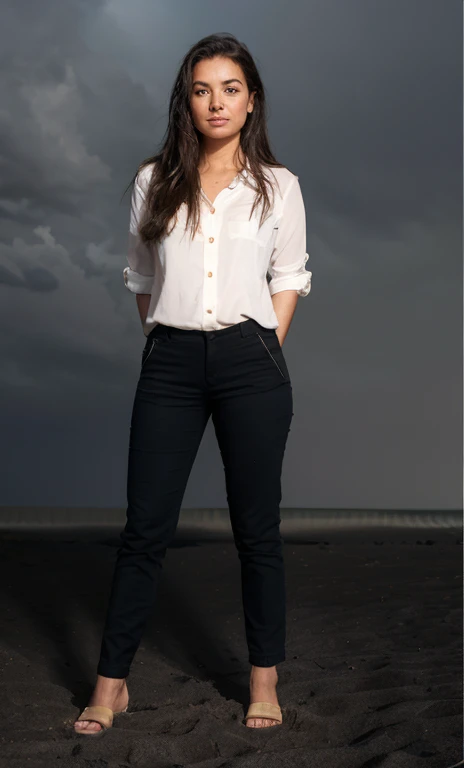 She is on dunes, full body. She watches a high tech building falling on the dunes, is about to fall in a big crack black hole in the ground. Background: There are many high tech buildings. Sky: A big storm with lightning, is raining.