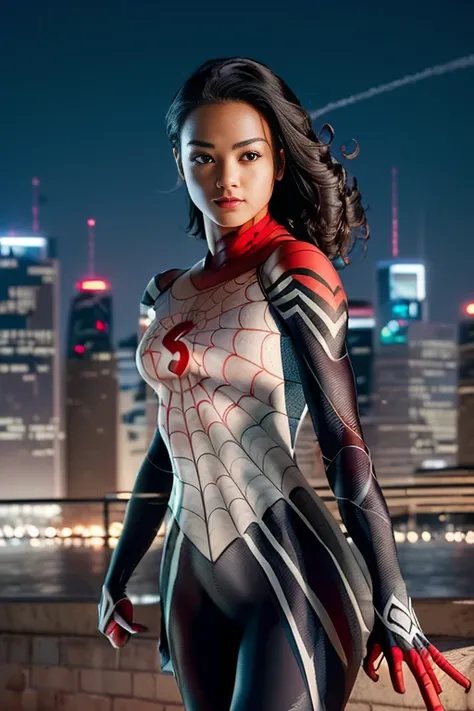 (Extreme Detail CG Unity 8K wallpaper, masterpiece, highest quality), (Exquisite lighting and shadow, highly dramatic graphics, Cinematic lens effect), (A girl in a white Spider-Man costume, from a parallel universe, city skyline in the background, dynamic...