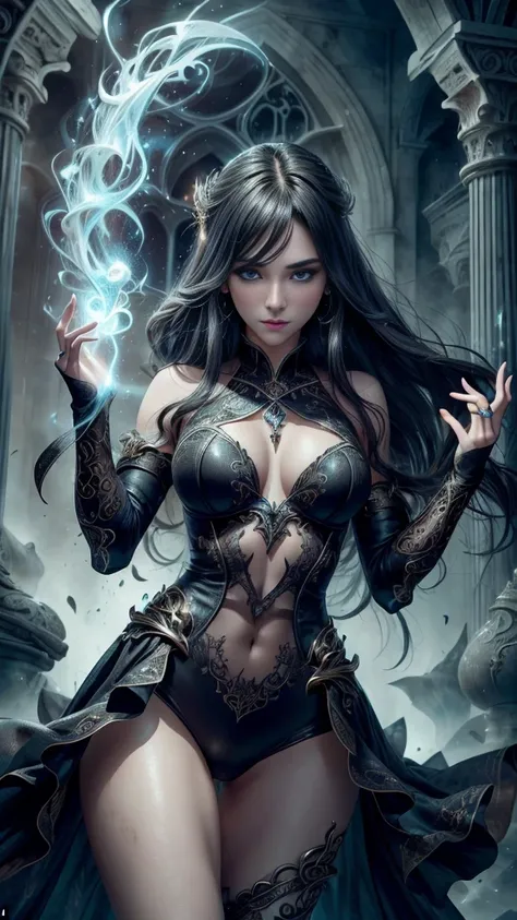 (RAW shooting:1.5, Photoreal:1.5, 8k, highest quality, masterpiece, ultra high resolution), magical world, perfect dynamic composition, Mysterious, Highly detailed skin and facial textures:1.3, Cute and sexy slim female wizard, beautiful and aesthetic, cut...