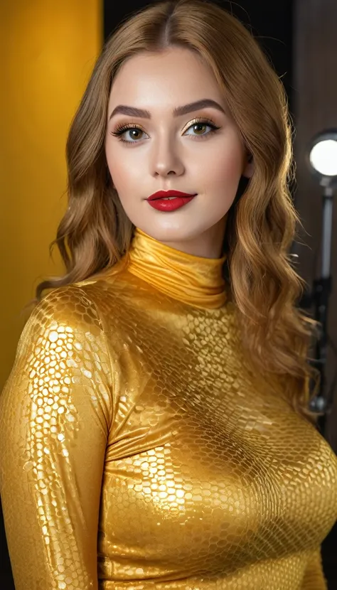 hyperrealistic beautiful busty 19-year-old woman with long legs wearing shiny golden yellow bodycon longsleeve and leggins with honeycomb pattern, model shooting full body photography, ginger very long straight updo hair, soaky wet skin, dark eye makeup wi...