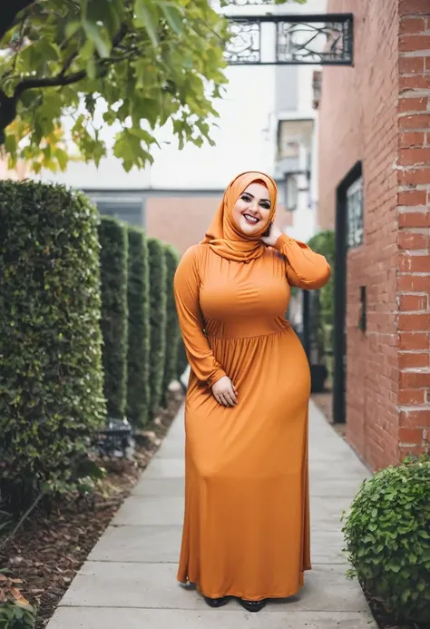 Plus size Muslim she wearing Halloween dress Bent over smiles