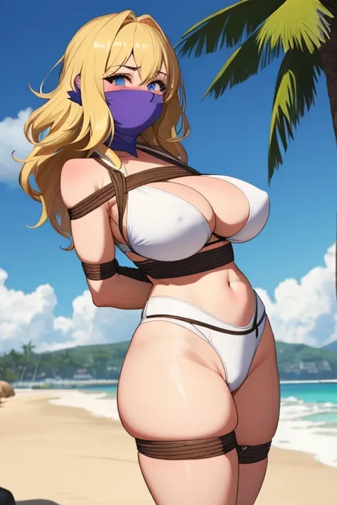 1 girl, detailed blue eyes, lange wimpern, detailed beautiful face, (Long blonde hair:1.4), festgebunden, (arms behind back:1.6), gefesselte Arme, blushing, (Big boobs:1.1), White Bikini, White crop top, OTN, Gag, gagged, shibari, tied Gag, Standing at a b...