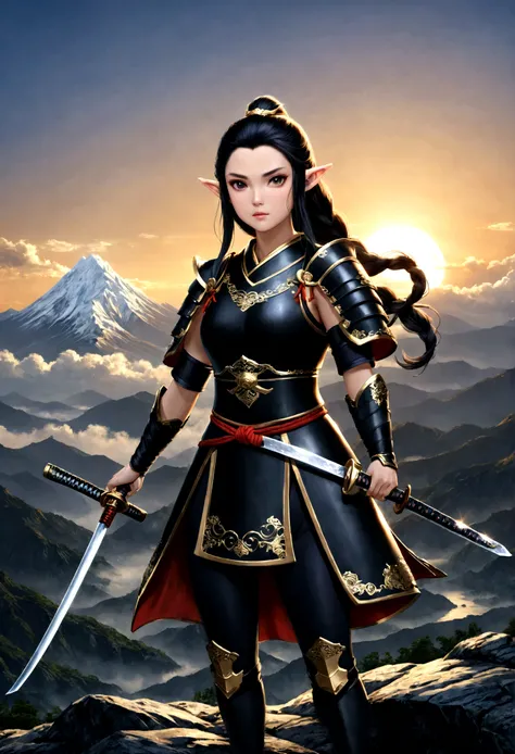 fantasy art, RPG art, dark fantasy art, a female elf samurai, ready to battle, she wears traditional samurai armor, armed with a katana, she stands on top of the mountain at dawn, exquisite beautiful female elf, long hair, black hair, straight hair, braide...