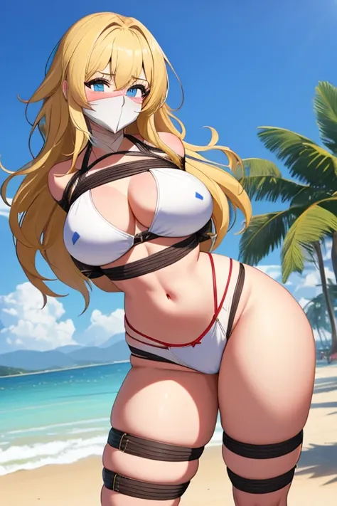 1 girl, detailed blue eyes, lange wimpern, detailed beautiful face, (Long blonde hair:1.4), festgebunden, (arms behind back:1.6), gefesselte Arme, blushing, (Big boobs:1.1), White Bikini, White crop top, OTN, Gag, gagged, shibari, tied Gag, Standing at a b...