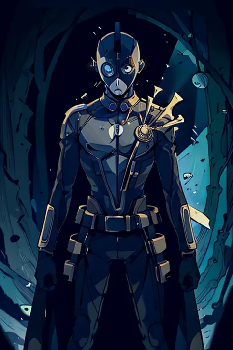 a superhero with a black supersuit. he has a mask and a circle with a drop figure inside it in his chest.