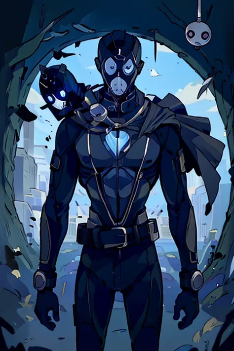 A superhero with a black supersuit. He has a mask and a circle with a drop figure inside it in his chest.