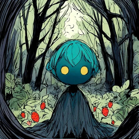 cartoon sketch; strawberry with yellow big long eyes, no mouth, in woods dark
