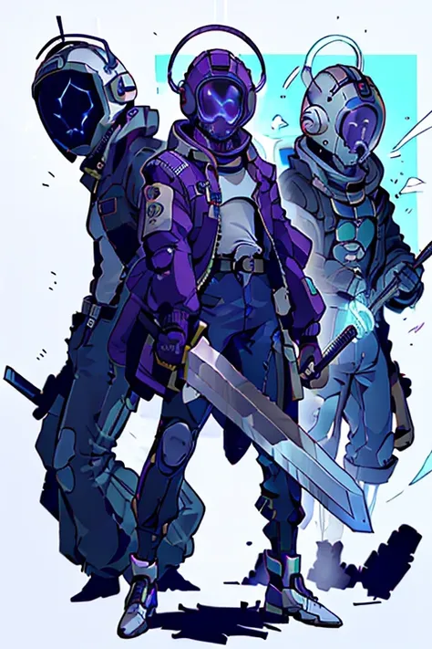 A man with a futuristic helmet with silver details and based on an astronaut helmet. He has an awesome purple jacket and two futuristic machetes with blue electricity around them. His helmet is rounded and mostly black.