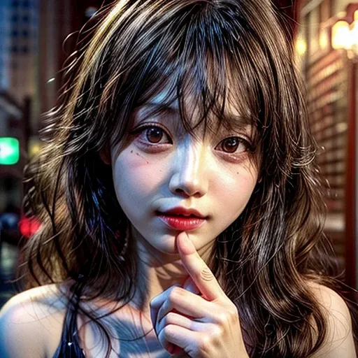 (highest quality,Super detailed,Physically Based Rendering:1.2), (RAW, Realistic, Photorealistic:1.37),Portraiture,Beautiful young woman with Delicate facial features,Soft lighting, ((Playfully licking finger with tongue, Gently placing a finger in the mou...