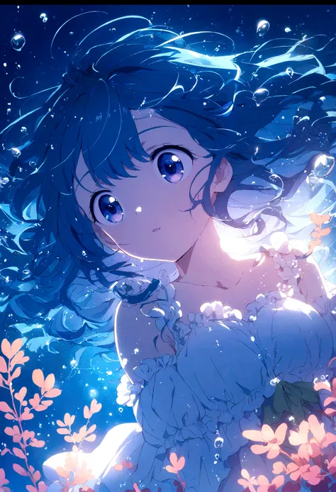 "Gentle Night, girl underwater, blue hair, Bright eyes, reverie, Underwater background, anime. bright colors"