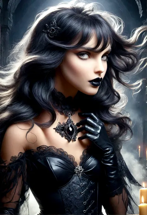 ((best quality)), ((masterpiece)), (highly detailed:1.3),a woman long hair, bangs, leather corset, black lipstick gloves grotes,...