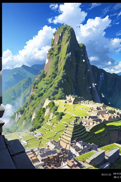 machu picchu background, multiple angles, childrens book style, simple, fullcolor, 2D background, with background characters from the era without taking center stage,  city ​​closeup