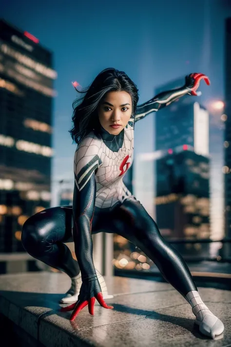 (Extreme Detail CG Unity 8K wallpaper, masterpiece, highest quality), (Exquisite lighting and shadow, highly dramatic graphics, Cinematic lens effect), (A girl in a white Spider-Man costume, from a parallel universe, city skyline in the background, dynamic...