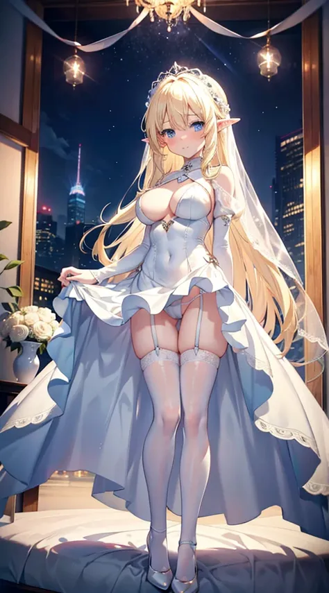 Blonde hair and blue eyes　Long Hair　Elf　Large Breasts　Wedding dress　leotard　mini skirt　White Stockings　White high heels　erotic　Beauty　cute　blush　get caught　Hanged　Hands tied behind your back　Scared　Dark Room