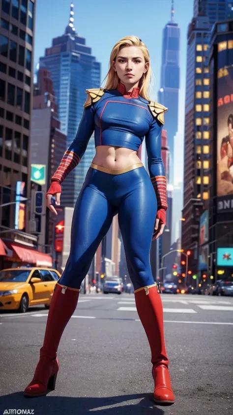 Homelander female version (El patriota), The Boys serie de Amazon, classic outfit, traje iconico  color azul sexy espectacular con capa de rayas rojas y blacas, guantes rojos adornados, botas rojas adornadas, cuerpo muy delgado, skynny body, small and beau...