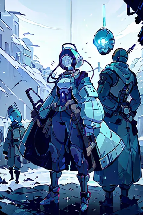 A man with a futuristic helmet with silver details and based on an astronaut helmet. He has an awesome purple jacket and two futuristic machetes with blue electricity around them. His helmet is rounded and mostly black, hes accompanied by a Bald, tall, mus...