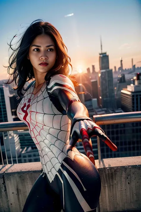 (Extreme Detail CG Unity 8K wallpaper, masterpiece, highest quality), (Exquisite lighting and shadow, highly dramatic graphics, Cinematic lens effect), (A girl in a white Spider-Man costume, from a parallel universe, city skyline in the background, dynamic...