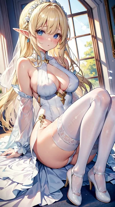 Blonde hair and blue eyes　Long Hair　Elf　Large Breasts　Wedding dress　leotard　mini skirt　White Stockings　White high heels　erotic　Beauty　cute　Hands tied behind your back　Scared　Crying face