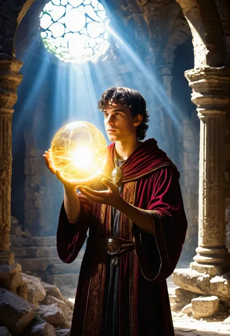 Young sorcerer with ball of light in hand floating and shining,  in the ruins